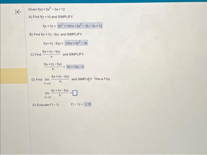 Solved Given F X 5x2−3x 12 A Find F X H And Simplify