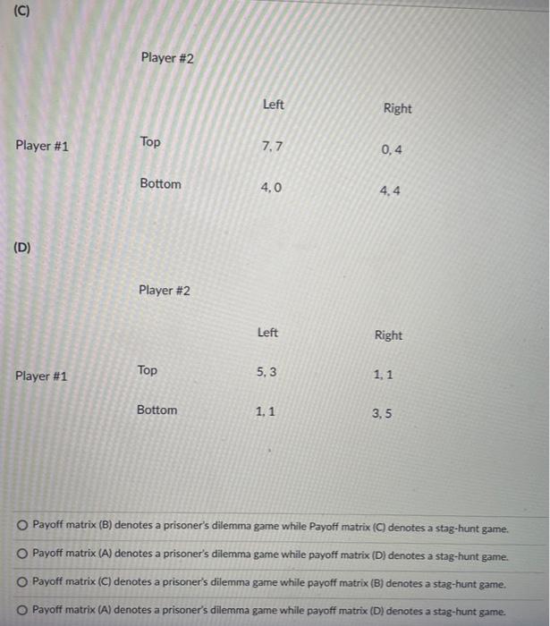 Solved Consider The Following Four Payoff Matrices. Which Of | Chegg.com