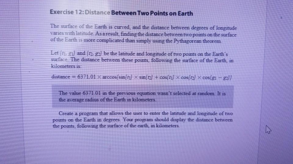 Solved Exercise 12:Distance Between Two Points on Earth The | Chegg.com