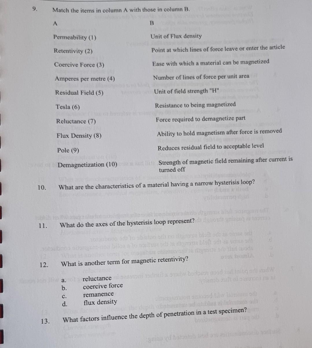 Solved 9. Match the items in column A with those in column | Chegg.com