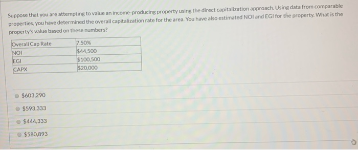 Direct Capitalization Approach Solved Suppose that you are attempting to value an | Chegg.com