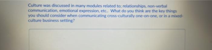 Culture Was Discussed In Many Modules Related To; | Chegg.com