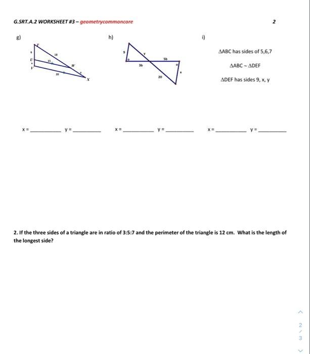 Solved 2 G.SRT.A.2 WORKSHEET #3 - geometrycommoncore h) AABC | Chegg.com