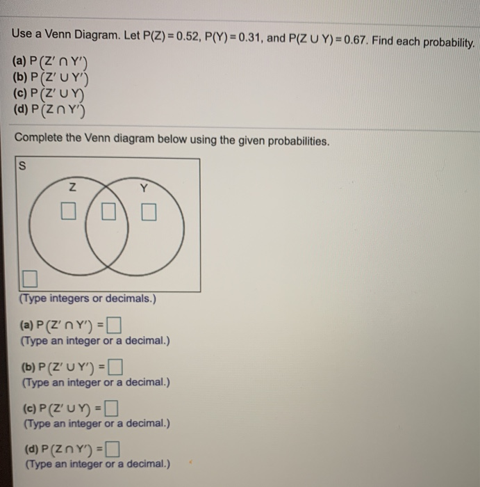 Solved Use A Venn Diagram Let P Z 0 52 P Y 0 31 Chegg Com