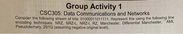 Group Activity 1 CSC305: Data Communications and Networks consider the following stream of bits: 01000011011111. Represent th