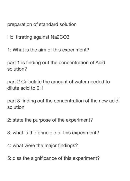 Solved preparation of standard solution Hcl titrating