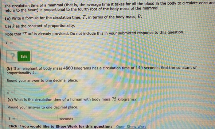 Solved The circulation time of a mammal (that is, the | Chegg.com