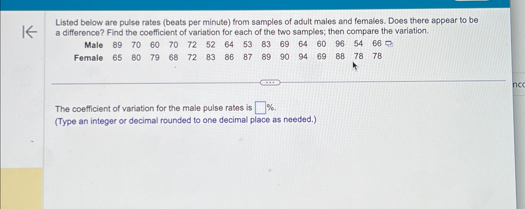 Solved Listed below are pulse rates (beats per minute) ﻿from | Chegg.com