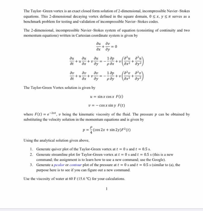 Solved The Taylor-Green vortex is an exact closed form | Chegg.com