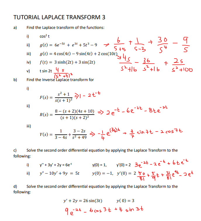 Solved TUTORIAL LAPLACE TRANSFORM 3a) ﻿Find the Laplace | Chegg.com