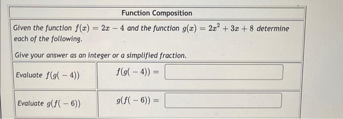 Solved Function Composition Given the function f(x) = 2x – 4 | Chegg.com