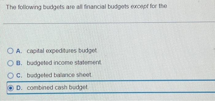 Solved The Following Budgets Are All Financial Budgets | Chegg.com