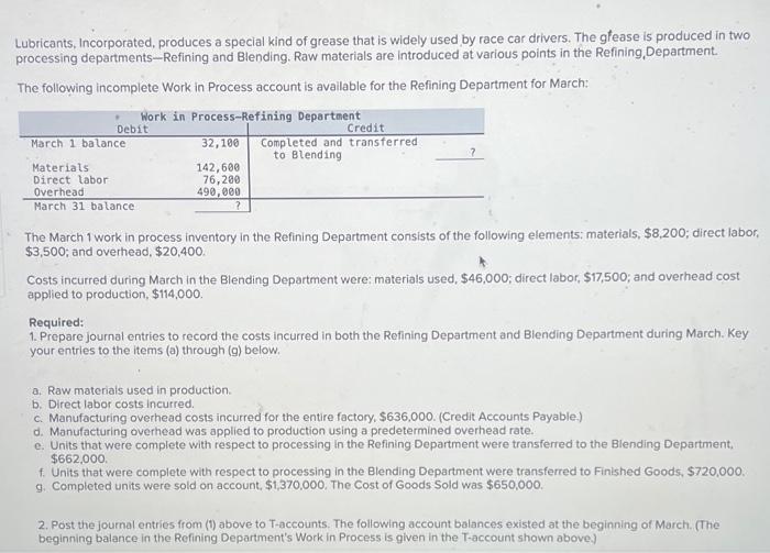 Solved Lubricants, Incorporated, produces a special kind of