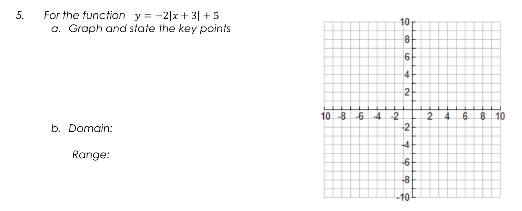 Solved For the function y=-2|x+3|+5a. ﻿Graph and state the | Chegg.com
