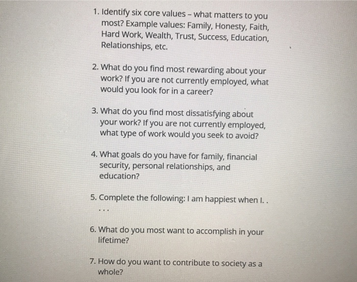 Solved 1. Identify six core values - what matters to you | Chegg.com