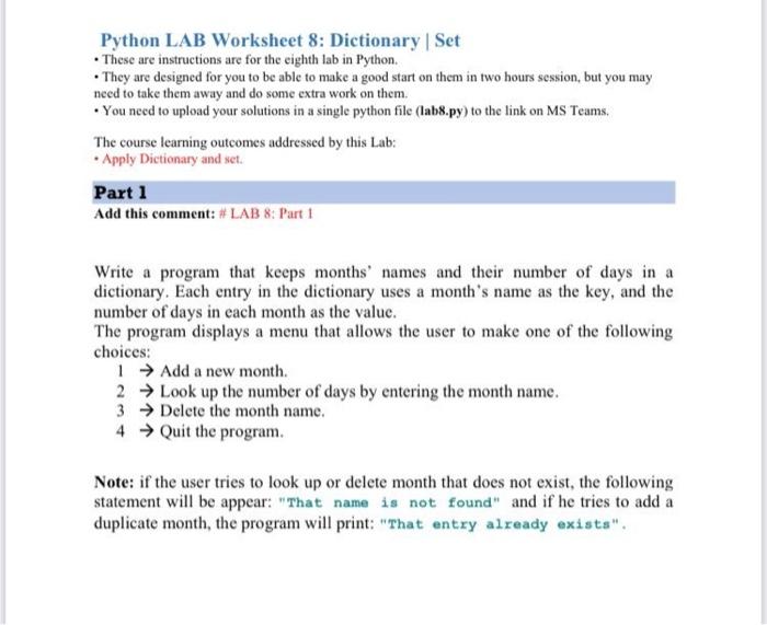 Solved Python LAB Worksheet 8: Dictionary | Set • These are | Chegg.com