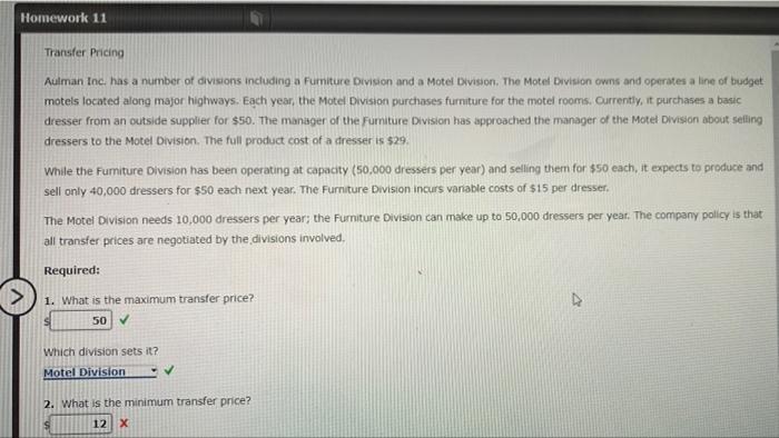 Solved Homework 11 Transfer Pricing Aulman Inc. has a number | Chegg.com