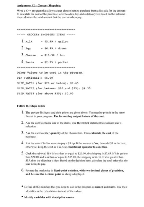 Solved Assignment #2 - Grocery Shopping: Write a C++ program | Chegg.com