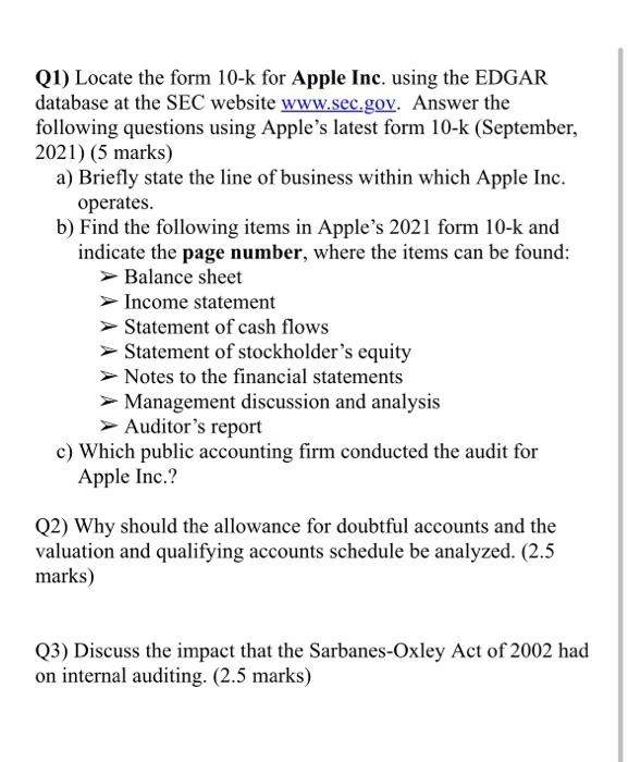 Solved (1) Locate the form 10-k for Apple Inc. using the | Chegg.com