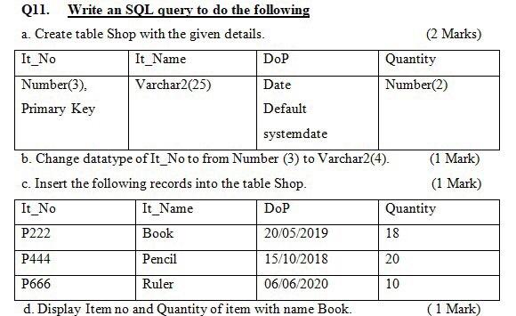Solved Q11. Write an SQL query to do the following a. Create | Chegg.com