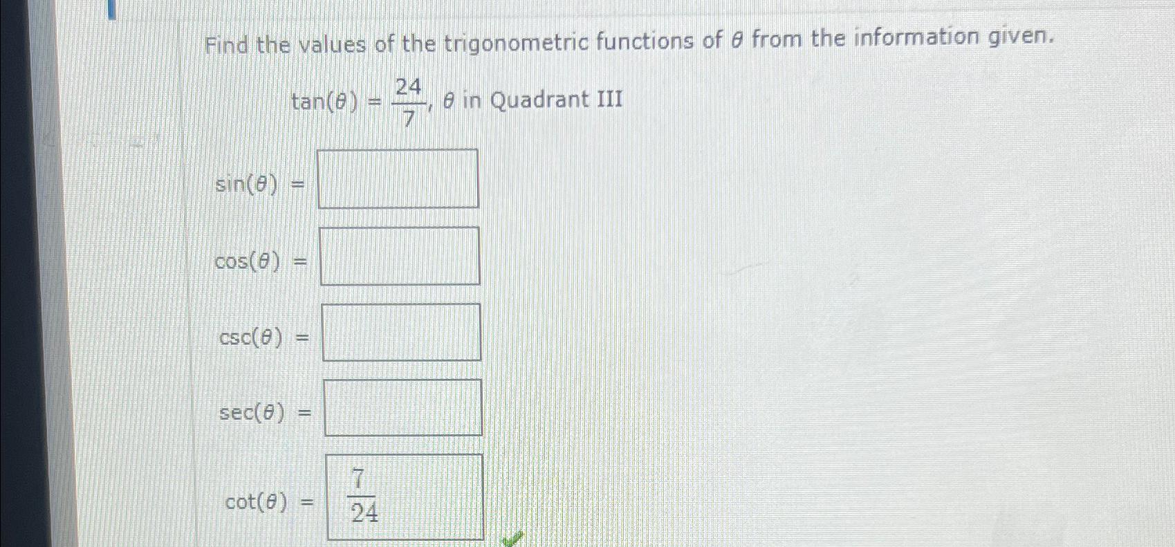 Solved Find the values of the trigonometric functions of θ | Chegg.com