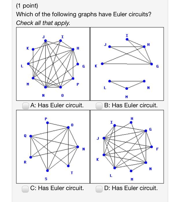 (1 point)
Which of the following graphs have Euler circuits?
Check all that apply.
I
G
N 0
M
A: Has Euler circuit.
B: Has Eul