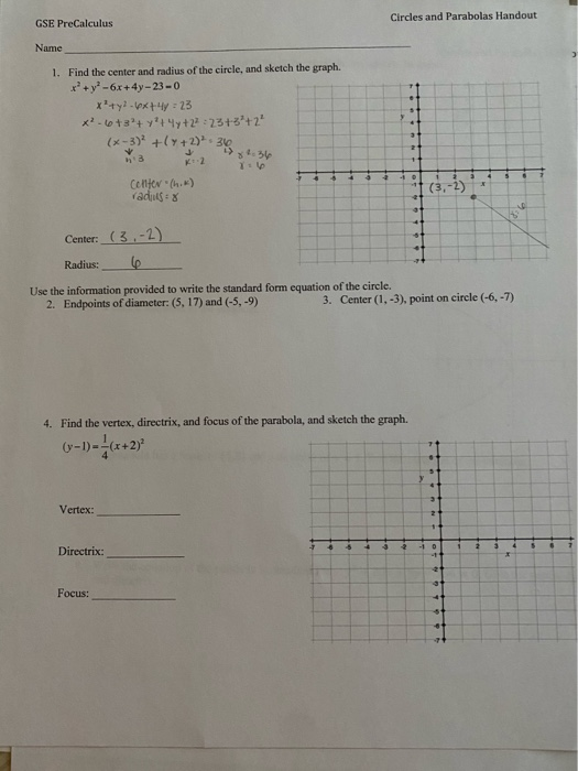 Solved Circles and Parabolas Handout GSE PreCalculus Name 3 | Chegg.com