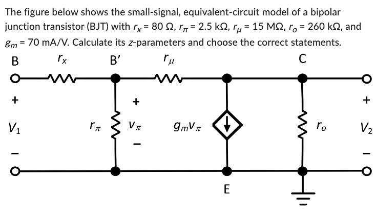 The figure below shows the small-signal, equivalent-circuit model of a bipolar junction transistor (BJT) with \( r_{x}=80 \Om