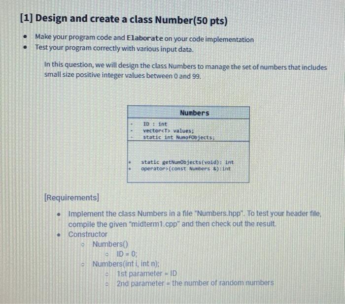 [1] Design and create a class Number(50 pts) • Make | Chegg.com