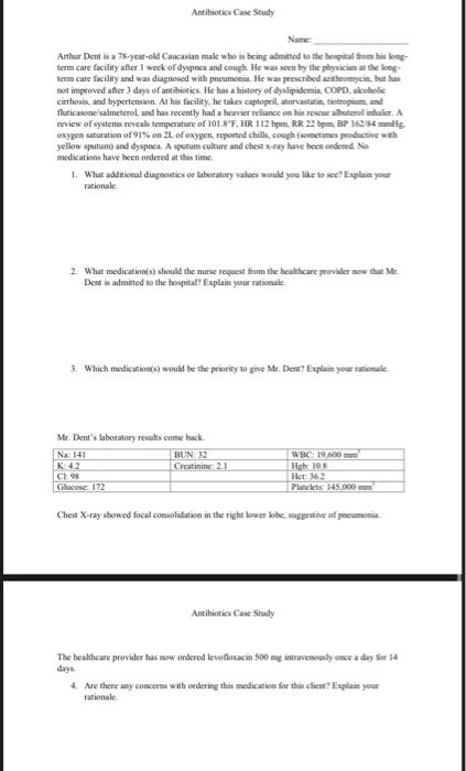 Antibiotics Case Study Arthur Dent is a T8-year-old Calasian male who is being admitted to the hospital from home term care f