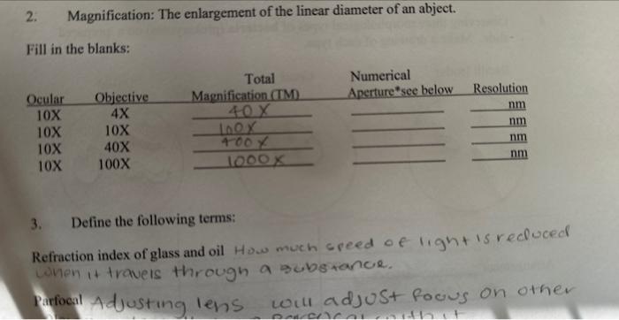 Solved 2. Magnification: The enlargement of the linear | Chegg.com