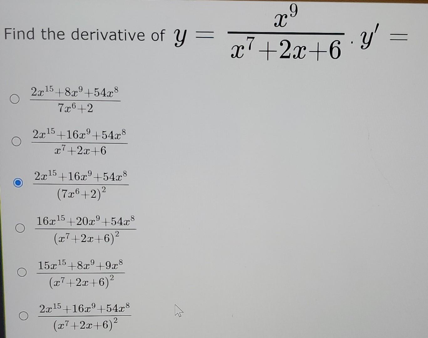 Find the derivative of \( y=\frac{x^{9}}{x^{7}+2 x+6} \cdot y^{\prime}= \) \[ \begin{array}{l} \frac{2 x^{15}+8 x^{9}+54 x^{8