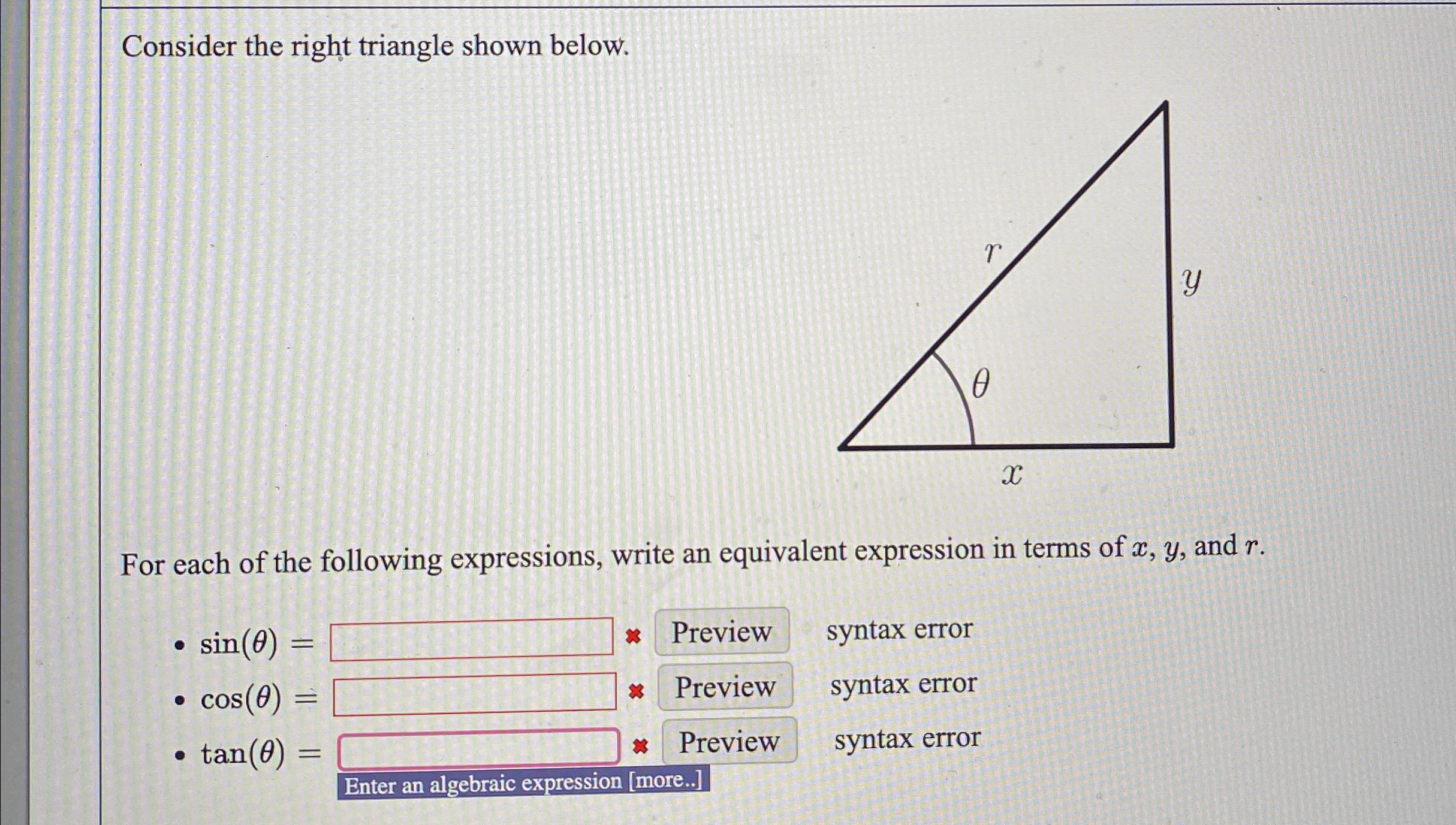 Solved Consider the right triangle shown below.For each of | Chegg.com