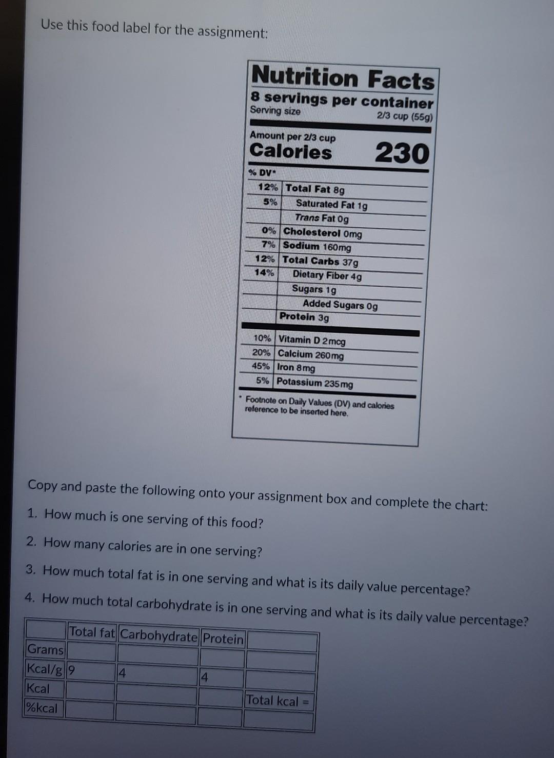 food label calculations assignment