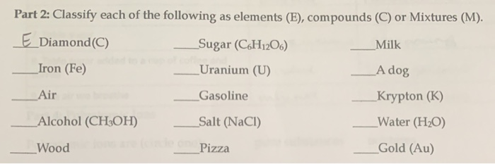 Solved Part 2: Classify each of the following as elements | Chegg.com