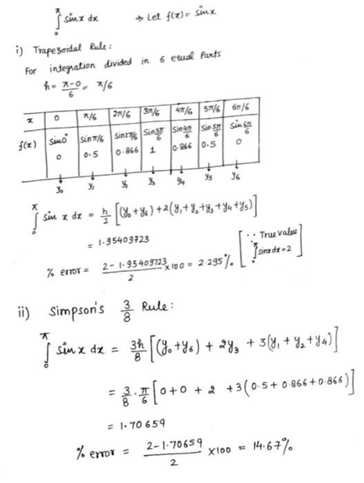 Solved I sinx dx → Let f(x) = sinx i) Trapezoidal Rule: For