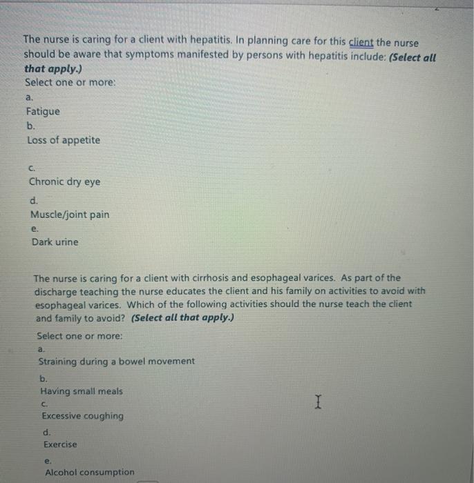 Solved The nurse is caring for a client with hepatitis. In | Chegg.com