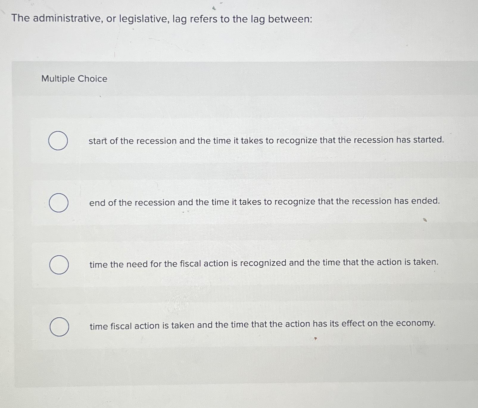 Solved The Administrative, Or Legislative, Lag Refers To The | Chegg.com