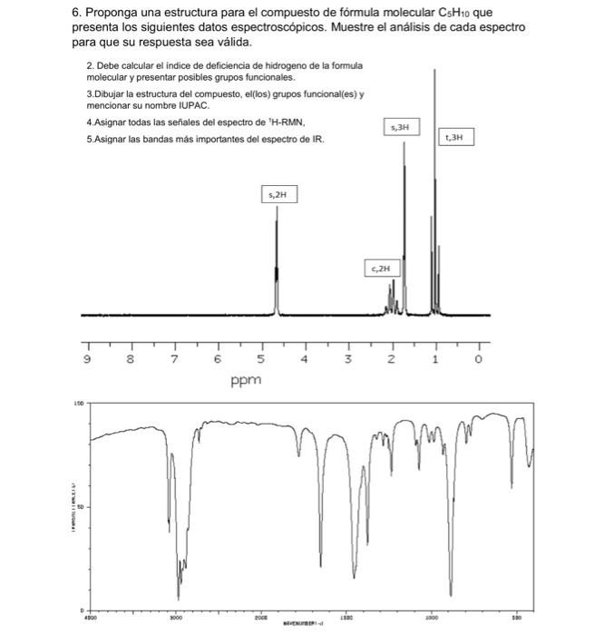 6. Proponga una estructura para el compuesto de fórmula molecular \( \mathrm{C}_{5} \mathrm{H}_{10} \) que presenta los sigui