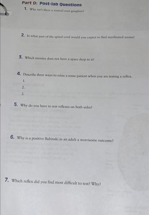 Part D: Post-lab Questions
1. Why isnt there a ventral root ganglion?
2. In what part of the spinal cord would you expect to