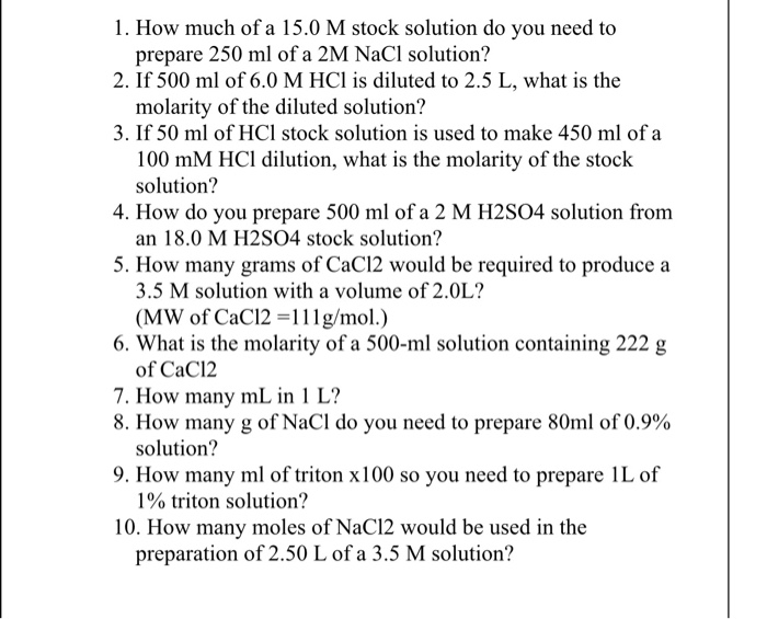 Solved 1. How much of a 15.0 M stock solution do you need to
