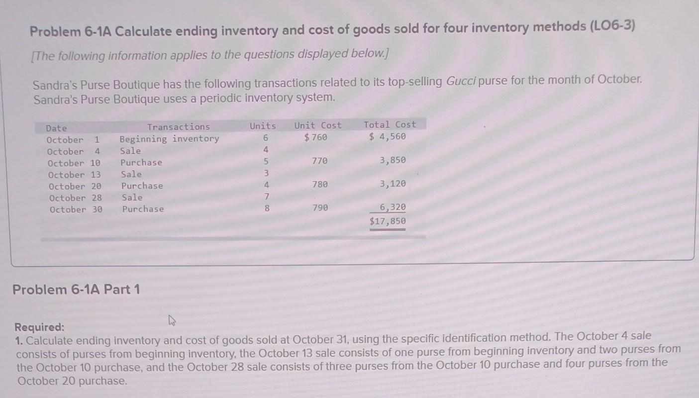 Solved Problem 6-1A Calculate Ending Inventory And Cost Of | Chegg.com