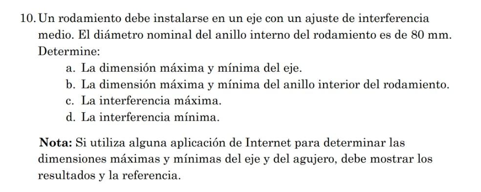 0 . Un rodamiento debe instalarse en un eje con un ajuste de interferencia medio. El diámetro nominal del anillo interno del