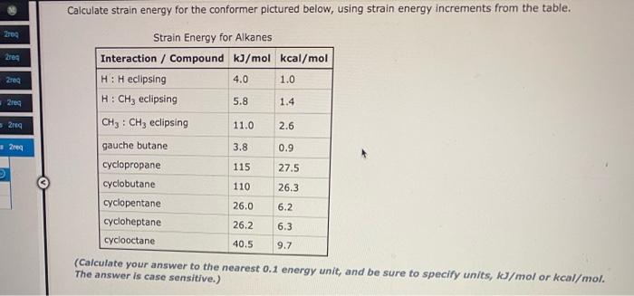 Strain Energy for Alkanes
(Calculate your answer to the nearest \( 0.1 \) energy unit, and be sure to specify units, \( \math