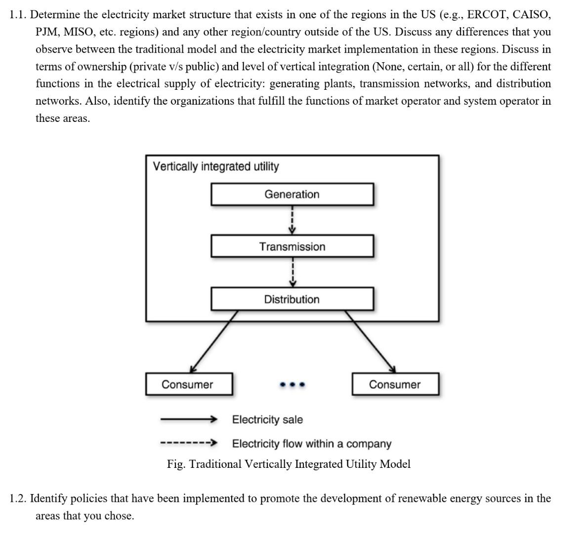 1.1. Determine the electricity market structure that exists in one of the regions in the US (e.g., ERCOT, CAISO, PJM, MISO, e