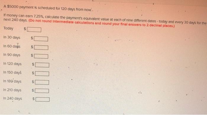 Solved A 5000 payment is scheduled for 120 days from now. Chegg