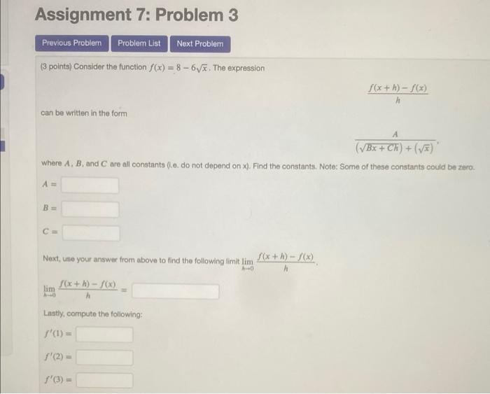 Solved Assignment 7: Problem 3 Previous Problem Problem List | Chegg.com