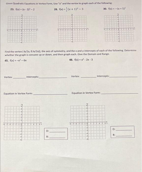 Solved Given Quadratic Equations in Vertex Form, Use "a" and | Chegg.com