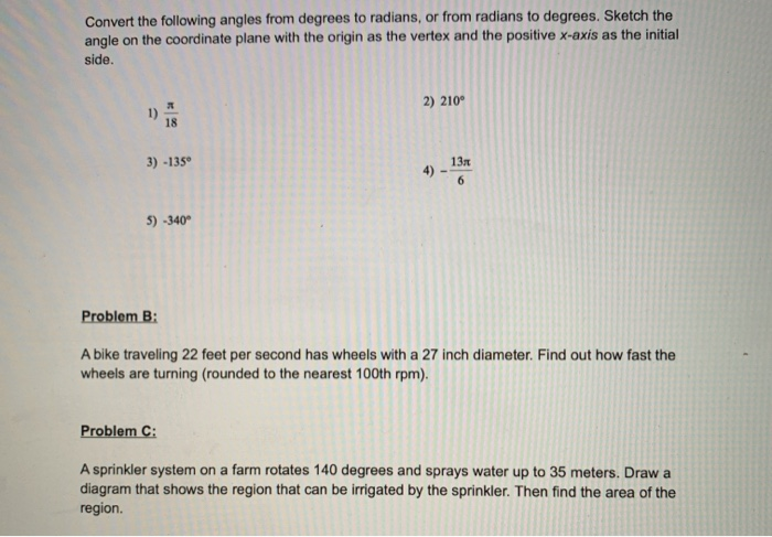 Solved Convert the following angles from degrees to radians, | Chegg.com