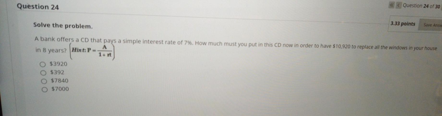Solved 3.33 points Solve the problem. Save Answer A bank | Chegg.com